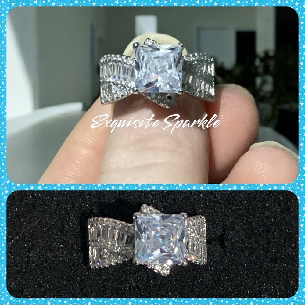 Silver Filled Princess Cut Simulated Diamond Center Stone W/ Baguette Style Band